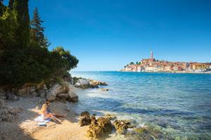a man sitting on a beach next to the water at Maistra Select Island Hotel Katarina in Rovinj