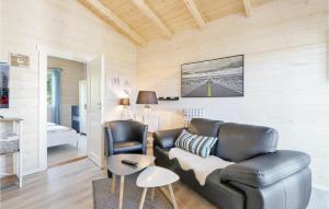 ein Wohnzimmer mit einem Ledersofa und 2 Stühlen in der Unterkunft Ferienhaus Haustyp T in Süssau