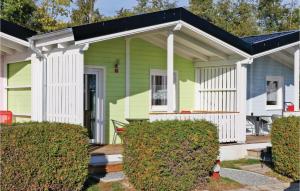 ein grünes und weißes Haus mit schwarzem Dach in der Unterkunft Ferienhaus Haustyp V in Süssau