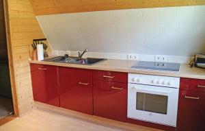 eine Küche mit roten Schränken und einem Waschbecken in der Unterkunft Beautiful Home In Bad Lobenstein With 2 Bedrooms in Mühlberg