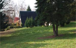 a tree in a field next to a house at Höppis Hütte R in Bad Lobenstein