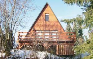 a wooden cabin with a pointed roof in the snow at Nice Home In Bad Lobenstein With Kitchen in Mühlberg