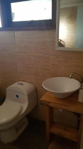 Cabaña Lodge los Coihues VALLE LAS TRANCAS# TERMAS DE CHILLAN#NEVADOS DE CHILLAN في Pinto: حمام به مرحاض أبيض ومغسلة