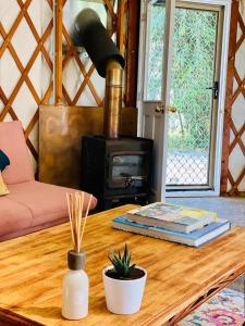 a living room with a coffee table with a fireplace at Byron Bay Hinterland Eco-Retreat Ivory Yurt in Eureka