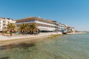 a view of a beach with palm trees and buildings at Hotel Alkyon in Paralia Katerinis