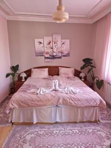 デヴィンにあるGuest House Detelinaのベッドルーム1室(ピンクの毛布付きの大型ベッド1台付)