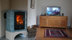 a living room with a fireplace and a television at Nordsee-1 in Vollerwiek
