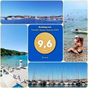 a collage of photos of a beach with boats at Apartmaji Sonce Izola in Izola +8 photos