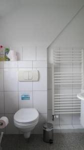 a white bathroom with a toilet and a sink at Nordsee-1 in Vollerwiek