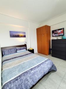 1 dormitorio con 1 cama y TV de pantalla plana en PiPi's House en Néa Artáki