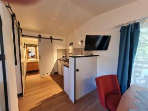a small apartment with a kitchen and a living room at Siedlisko Bartek domki na Kaszubach nad jeziorem Mausz in Sulęczyno