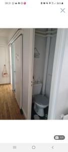 een badkamer met een wit toilet en een deur bij Appartement cosy en plein centre in Guidel