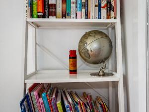 a book shelf with a globe and books at Stag & 3 Pigs - Ohakune Holiday Home in Ohakune