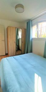 フレジュスにあるMas des hirondellesのベッドルーム(青いベッド1台、鏡付)