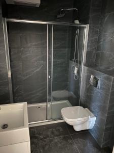 a bathroom with a shower and a toilet and a sink at Trendy Modern Tower Apartment with Private Parking Space in Gdynia
