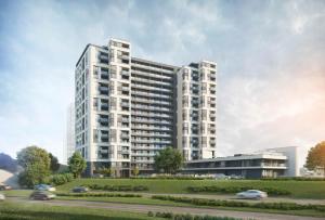 an architectural rendering of a tall white building at Trendy Modern Tower Apartment with Private Parking Space in Gdynia