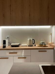a kitchen with a counter with a toaster and appliances at Boutique Athensairport Apartments in Markopoulo