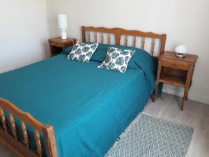 a bedroom with a blue bed with two pillows on it at Logis de LANGE apt les Ecureuils in Saint-Hilaire-la-Palud +58 photos