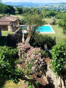 un jardín con flores rosas y una piscina en Chatel de Bierre en Sigy-le-Châtel