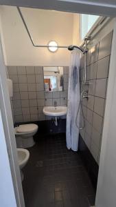a bathroom with a toilet and a sink and a shower at chiAma Hotel in Rimini