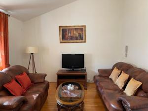 uma sala de estar com dois sofás de couro e uma televisão em Aquarium Apartment Kotor em Kotor