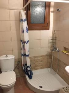 a bathroom with a toilet and a shower curtain at Villa Periklis Madytos 1st Floor Independent House in Néa Mádhitos +24 photos