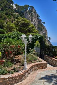 een straatlicht in een tuin met een berg bij To Be Capri Sea view Rooms in Capri
