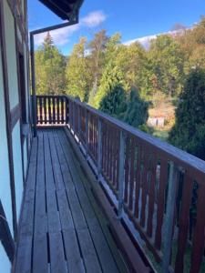 a wooden deck with a view of the woods at Apartmány Kamermann in Hroznětín
