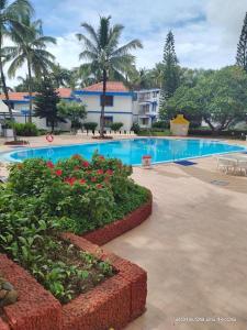 uma grande piscina com água azul num resort em ARY Royal Palms - 1 BHK em Benaulim