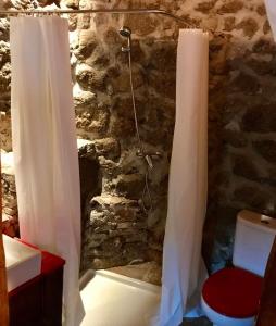 a bathroom with a shower in a stone wall at Quinta dos Carvalhos The Wine House Farm in Center of Lamego - Capital of the Douro in Lamego +71 photos