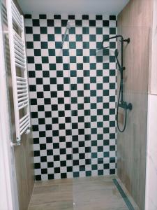 a shower with a checkered wall in a bathroom at Apartament Angel City SPA Silownia in Wrocław