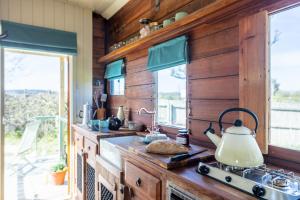 a kitchen with wooden walls and a stove and windows at The Hoot Romantic Glamping in Southwick