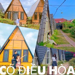 a collage of photos of a house with the text go dug hog at Homestay Bình Huy in Mộc Châu