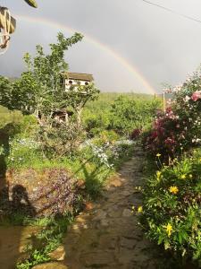 a rainbow over a garden with a dirt road at H'mông cổ trấn sapa homestay in Sa Pa
