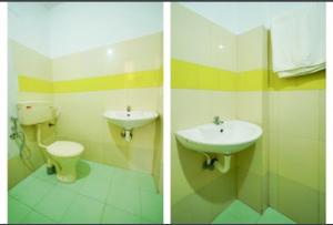 twee foto's van een badkamer met wastafel en toilet bij The Solo Retreat in Ernakulam