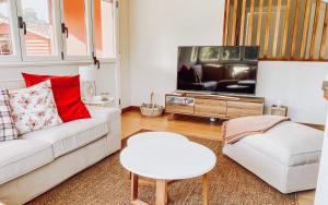 a living room with a couch and a tv at Bella Kalma, acogedora casa con parking, jardin y wifi in Llanes