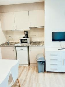 a small kitchen with white cabinets and a microwave at STUDIO LOFT SKI 53 CONFORT in Pas de la Casa