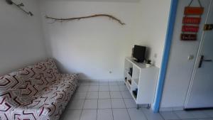een kleine kamer met een bed en een televisie bij SaintCyp in Saint-Cyprien