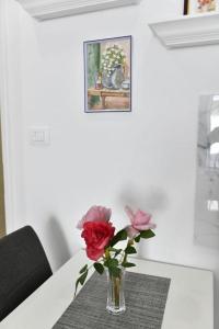 a vase of roses on a table with a picture at Studio Apartments Kamicak in Sinj