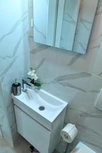 a white bathroom with a sink and a mirror at Studio Apartments Kamicak in Sinj