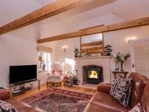 a living room with a fireplace and a tv at Little Pontus in Canterbury