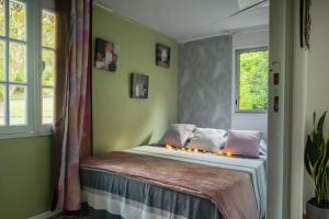 Un dormitorio con una cama con luces. en sur la route du voile meublé hibiscus, en Salazie