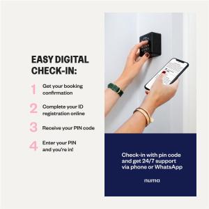 a flyer for a digital check in with a hand holding a cell phone at Numa Prague Root in Prague