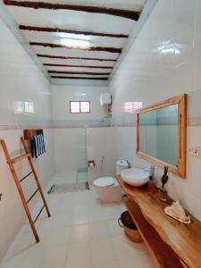 bagno con servizi igienici, lavandino e specchio di Hakuna Matata Villa a Paje