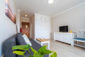 a living room with a couch and a tv at Ocean view apartment in Portimão