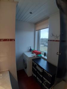 baño con lavadora y ventana en Elen en Goliševa