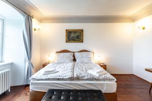 sypialnia z dużym łóżkiem i oknem w obiekcie Villa Waldhaus w Czeskim Krumlovie