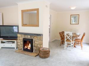 a living room with a fireplace and a television at Woodlands in Okehampton