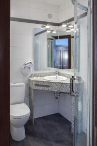 a bathroom with a sink and a toilet and a mirror at Hôtel au Heimbach in Lembach