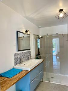 a bathroom with a sink and a shower at aux quatre vents in Bénodet